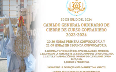 CONVOCATORIA A CABILDO GENERAL ORDINARIO DE CIERRE DE CURSO COFRADIERO 2023-2024